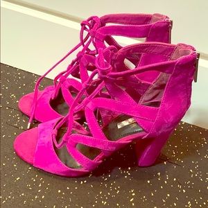 Fuchsia suede lace up heels